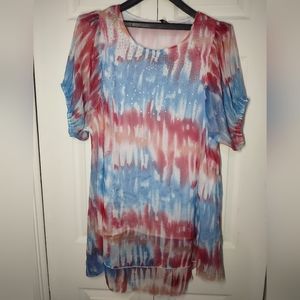 S.S.Y.Z. Puff Sleeve Layer Tie-Dye Style Blouse 44 L rhinestone Red White Blue